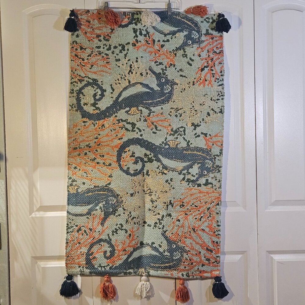 Rachel Ashwell Farmhouse Rug 26"x45" Seahorse Coral Beach Tassel Coastal Ocean